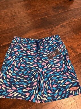 Vineyard Vines Navy Shark-Print Swim Shorts with Pink, Blue & Cream Sharks